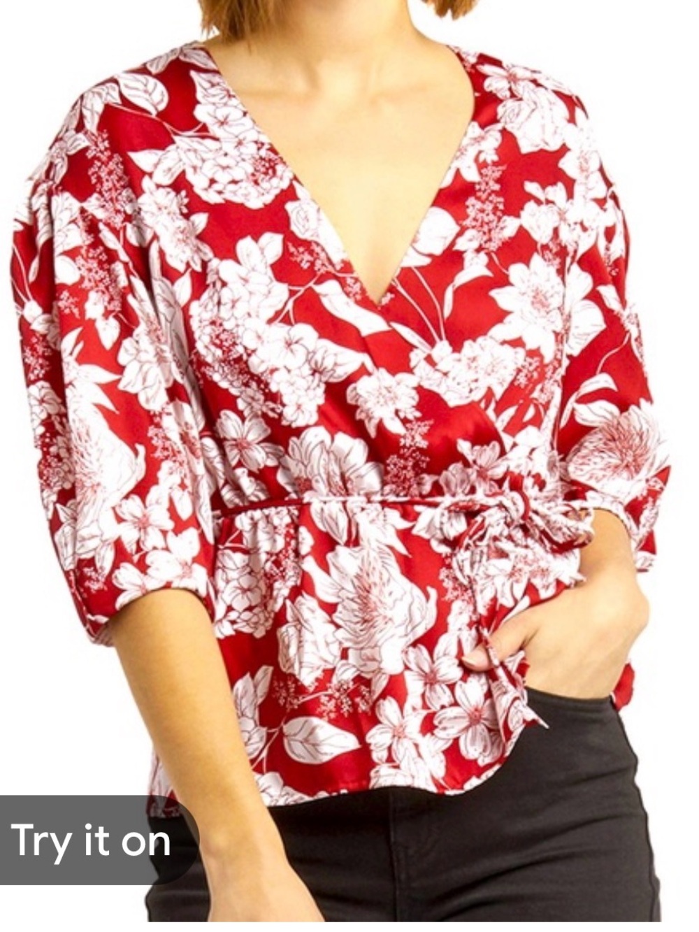 "'Rebecca Minkoff wrap blouse red w/white floral pattern size L NWT